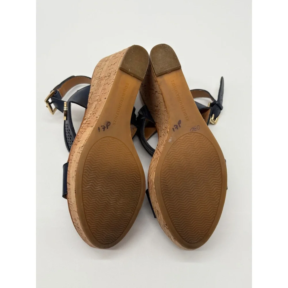 Tommy Hilfiger Wedge Sandals Womens 9.5 Navy Excellent Cork Heel Perforated